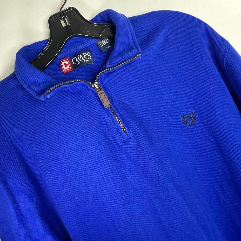 Chaps Blue Quarter Zip Pullover Mens L‎ Cotton Ribbed Knit Logo Sweater Preppy